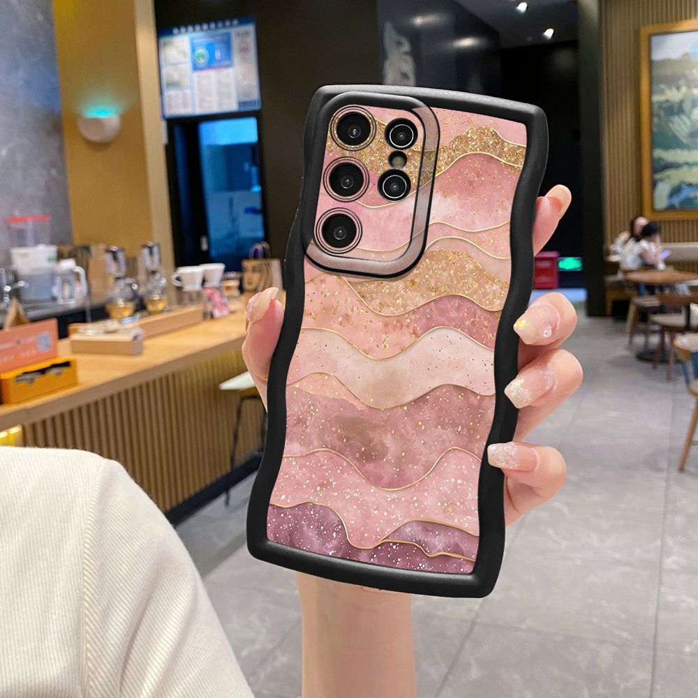 For Samsung Galaxy S24 S23 Ultra S22 Plus S21 FE S20 Black Pink Marbling Wave Frame Phone Case Anti Drop Cover