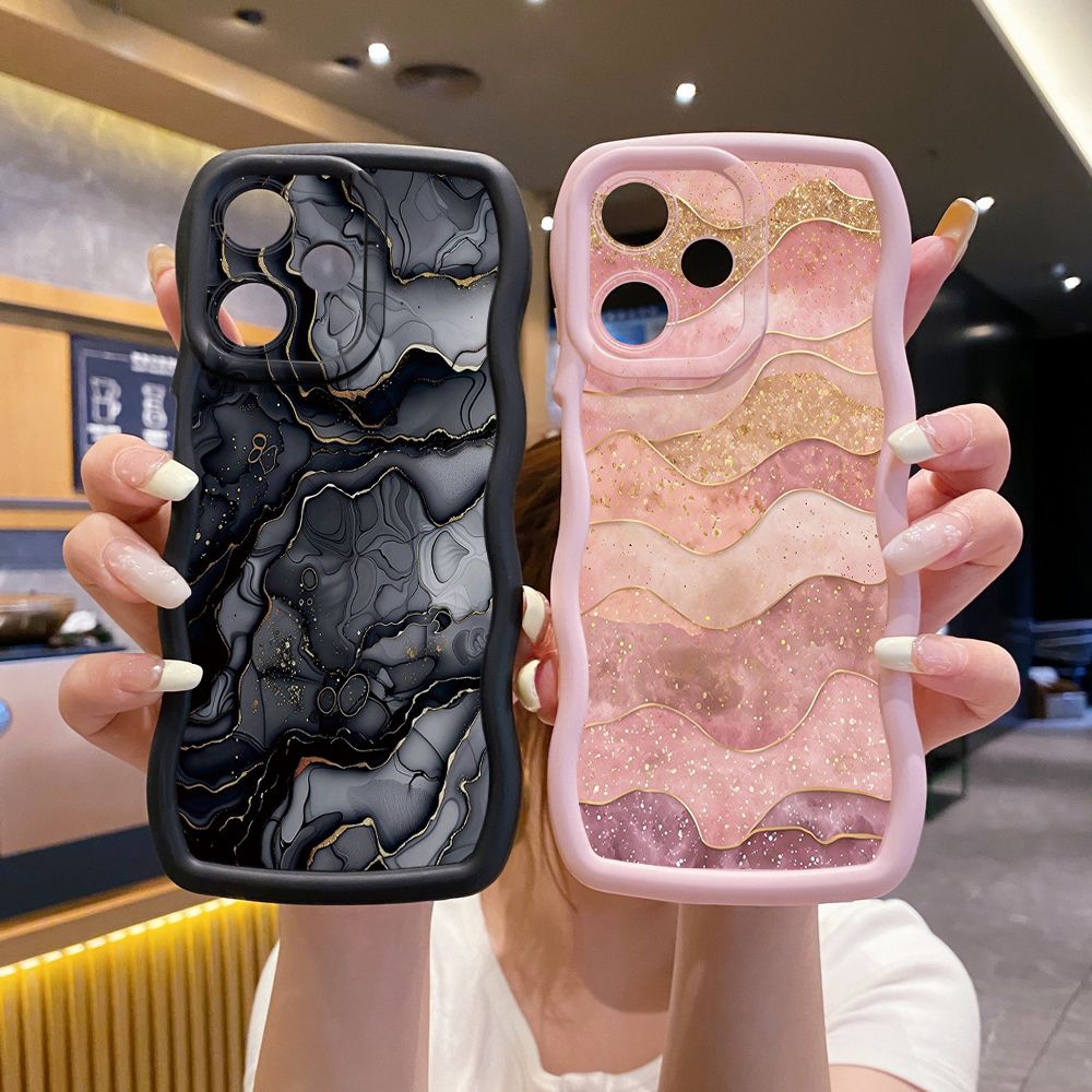For OPPO Realme C67 C53 C51 Note 50 C21Y C25Y C33 C30 C35 9i Black Pink Marbling Wave Frame Phone Case Anti Drop Cover