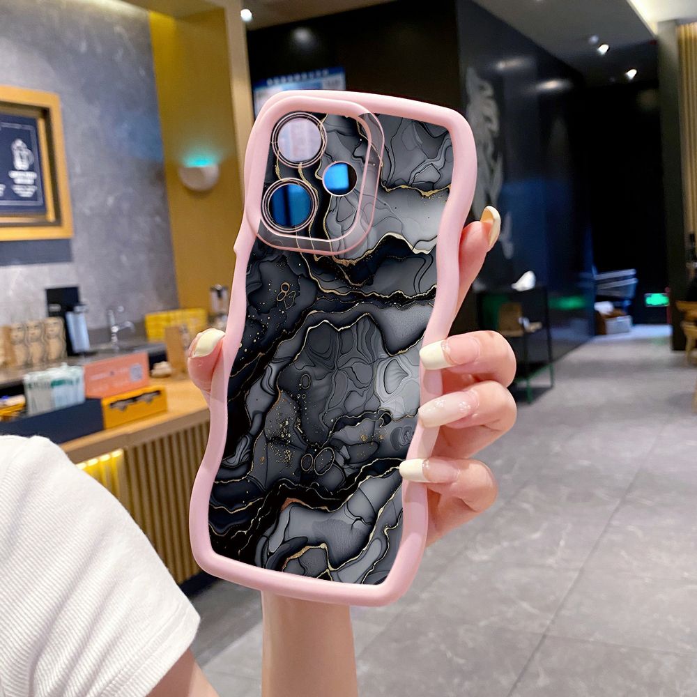 For OPPO Realme C67 C53 C51 Note 50 C21Y C25Y C33 C30 C35 9i Black Pink Marbling Wave Frame Phone Case Anti Drop Cover