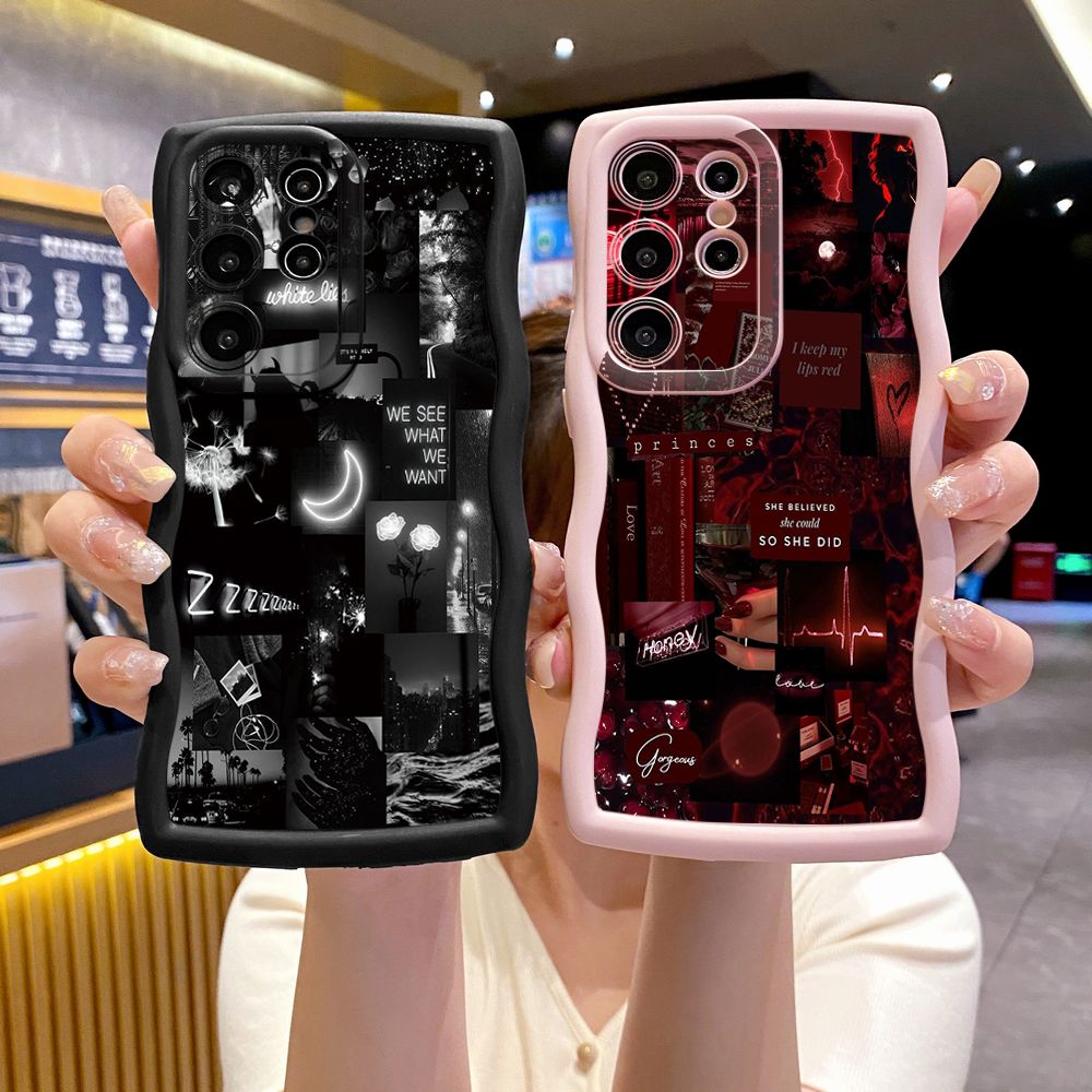 For Samsung Galaxy S24 S23 Ultra S22 Plus S21 FE S20 Black Moon Wine Painting Wave Frame Phone Case Anti Drop Cover