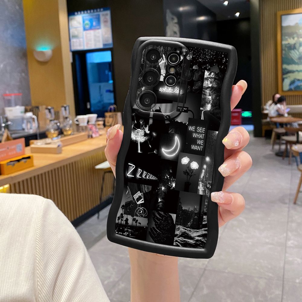 For Samsung Galaxy S24 S23 Ultra S22 Plus S21 FE S20 Black Moon Wine Painting Wave Frame Phone Case Anti Drop Cover