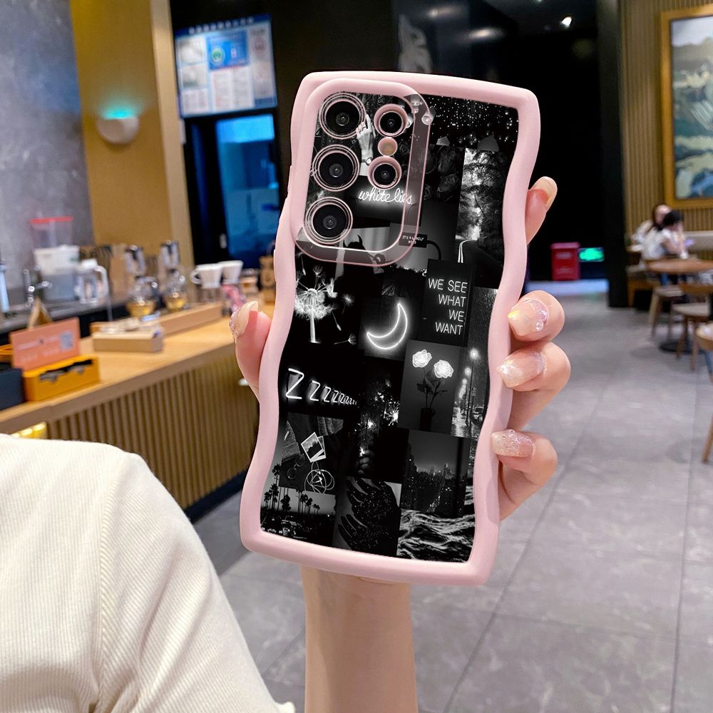 For Samsung Galaxy S24 S23 Ultra S22 Plus S21 FE S20 Black Moon Wine Painting Wave Frame Phone Case Anti Drop Cover