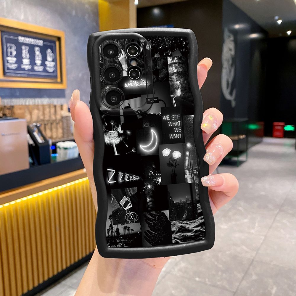 For Samsung Galaxy S24 S23 Ultra S22 Plus S21 FE S20 Black Moon Wine Painting Wave Frame Phone Case Anti Drop Cover