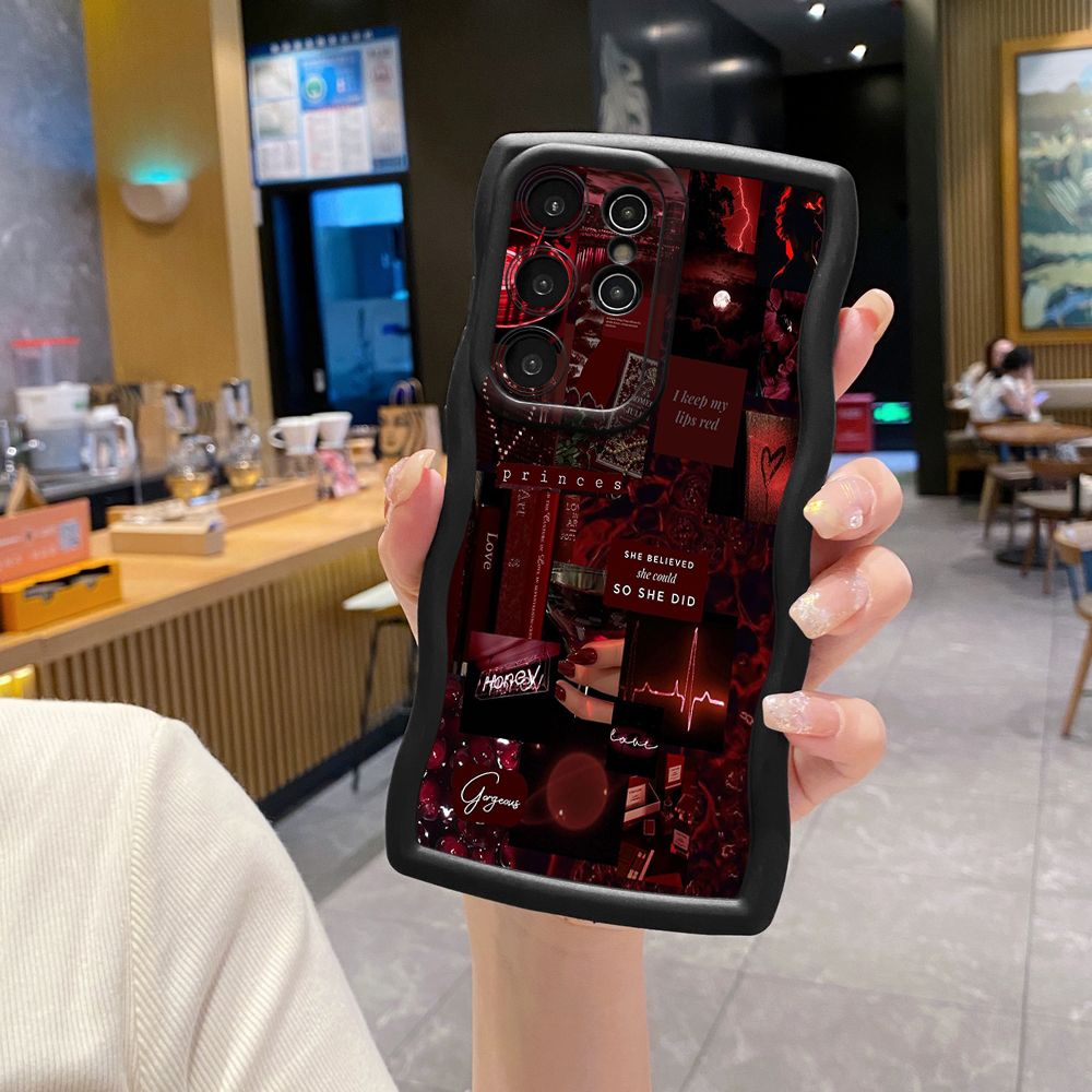 For Samsung Galaxy S24 S23 Ultra S22 Plus S21 FE S20 Black Moon Wine Painting Wave Frame Phone Case Anti Drop Cover