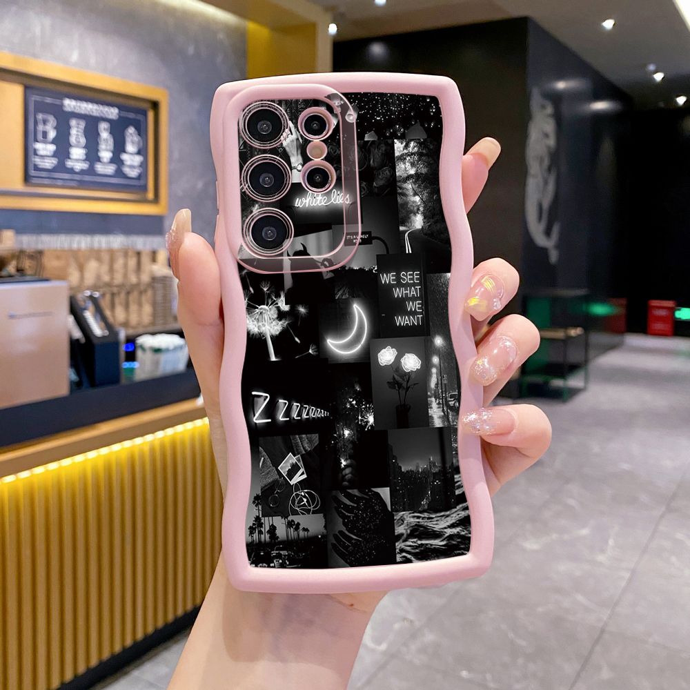 For Samsung Galaxy S24 S23 Ultra S22 Plus S21 FE S20 Black Moon Wine Painting Wave Frame Phone Case Anti Drop Cover