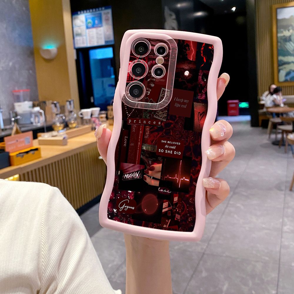 For Samsung Galaxy S24 S23 Ultra S22 Plus S21 FE S20 Black Moon Wine Painting Wave Frame Phone Case Anti Drop Cover