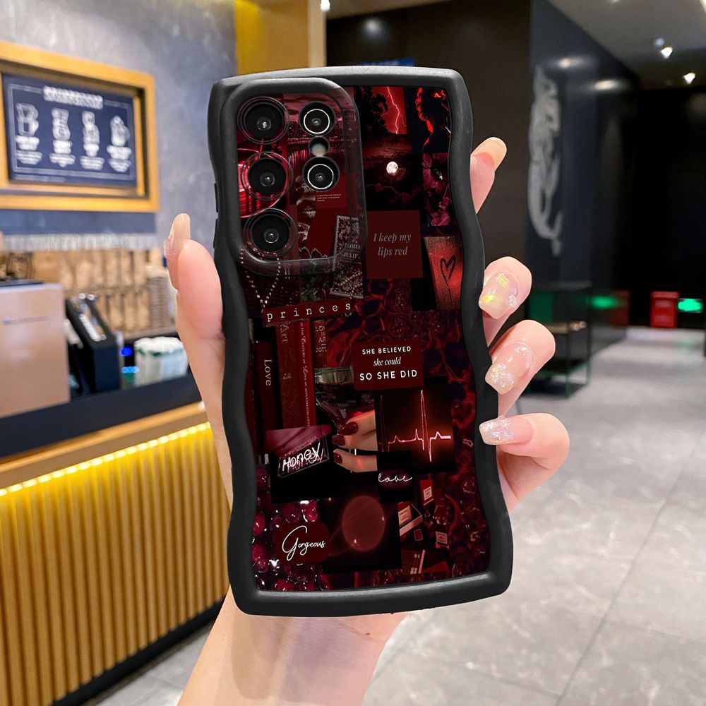 For Samsung Galaxy S24 S23 Ultra S22 Plus S21 FE S20 Black Moon Wine Painting Wave Frame Phone Case Anti Drop Cover