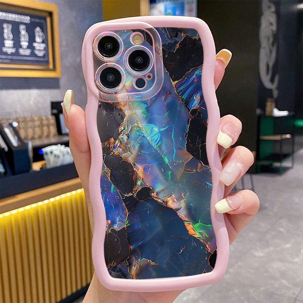 For iPhone 16 Pro Max 15 14 Plus 13 12 11 Pro Max Blue Pink Marbling Wave Frame Phone Case Anti Drop Cover