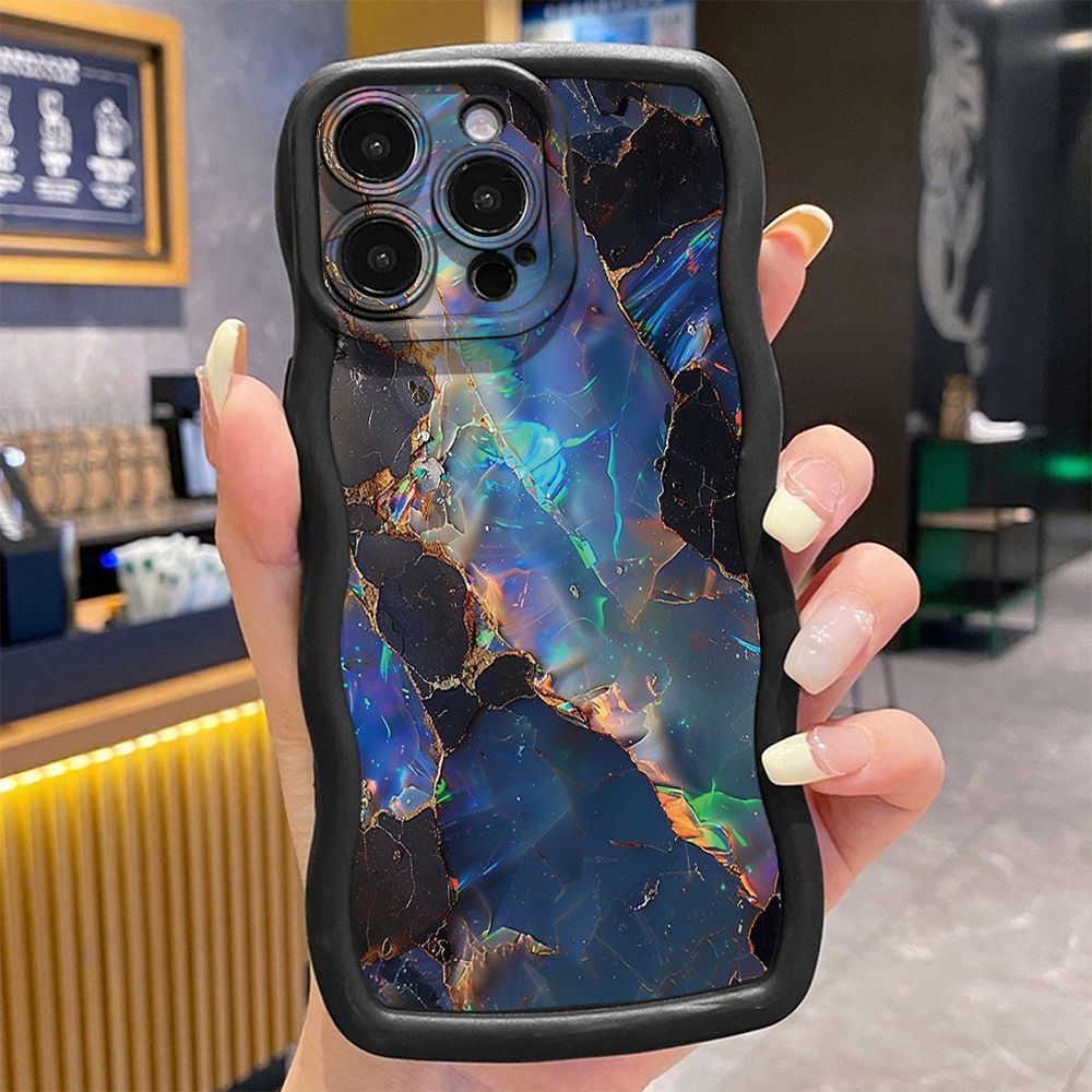 For iPhone 16 Pro Max 15 14 Plus 13 12 11 Pro Max Blue Pink Marbling Wave Frame Phone Case Anti Drop Cover