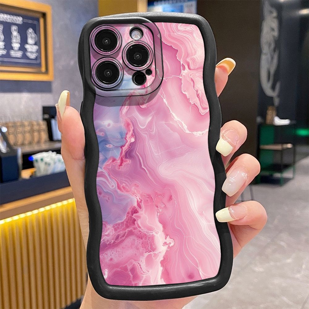 For iPhone 16 Pro Max 15 14 Plus 13 12 11 Pro Max Blue Pink Marbling Wave Frame Phone Case Anti Drop Cover