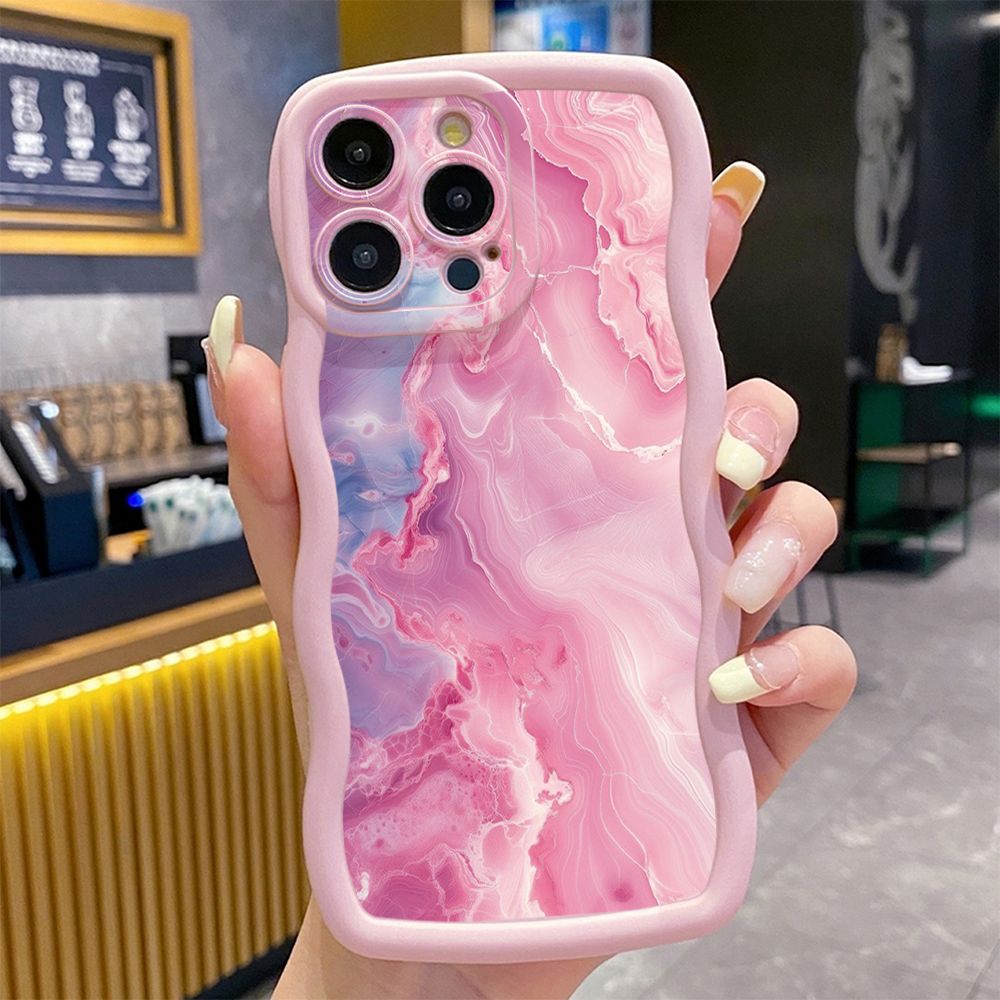 For iPhone 16 Pro Max 15 14 Plus 13 12 11 Pro Max Blue Pink Marbling Wave Frame Phone Case Anti Drop Cover
