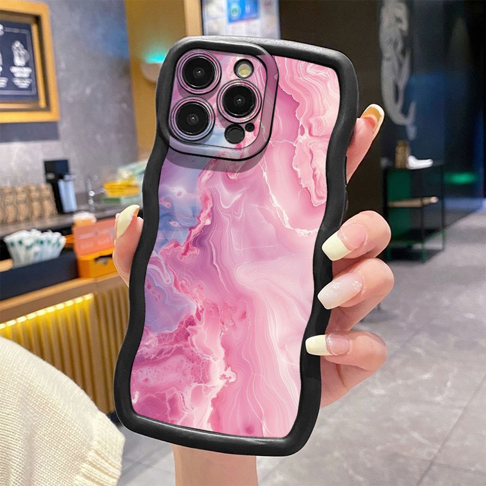 For iPhone 16 Pro Max 15 14 Plus 13 12 11 Pro Max Blue Pink Marbling Wave Frame Phone Case Anti Drop Cover