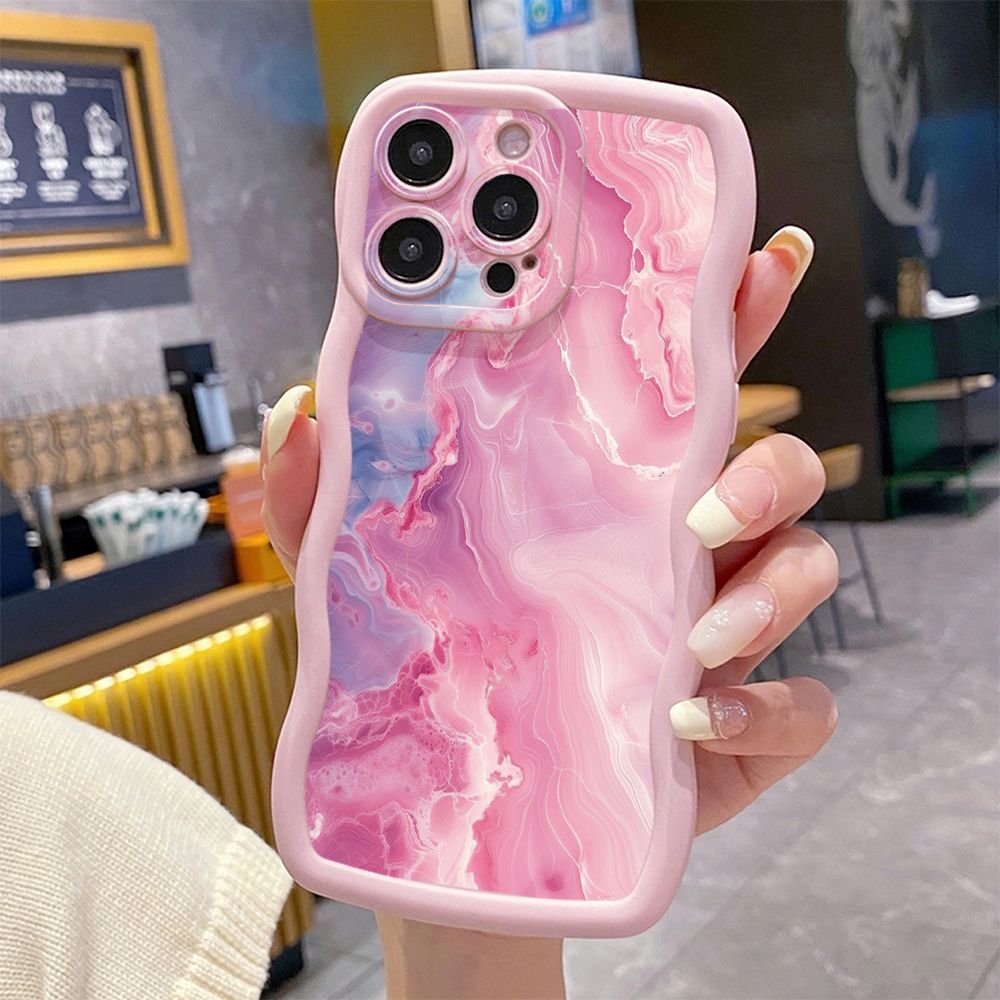 For iPhone 16 Pro Max 15 14 Plus 13 12 11 Pro Max Blue Pink Marbling Wave Frame Phone Case Anti Drop Cover
