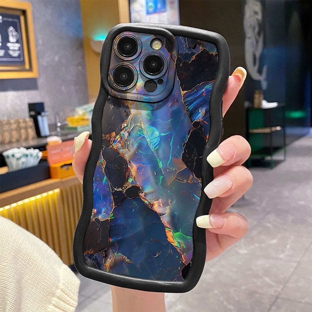 For iPhone 16 Pro Max 15 14 Plus 13 12 11 Pro Max Blue Pink Marbling Wave Frame Phone Case Anti Drop Cover