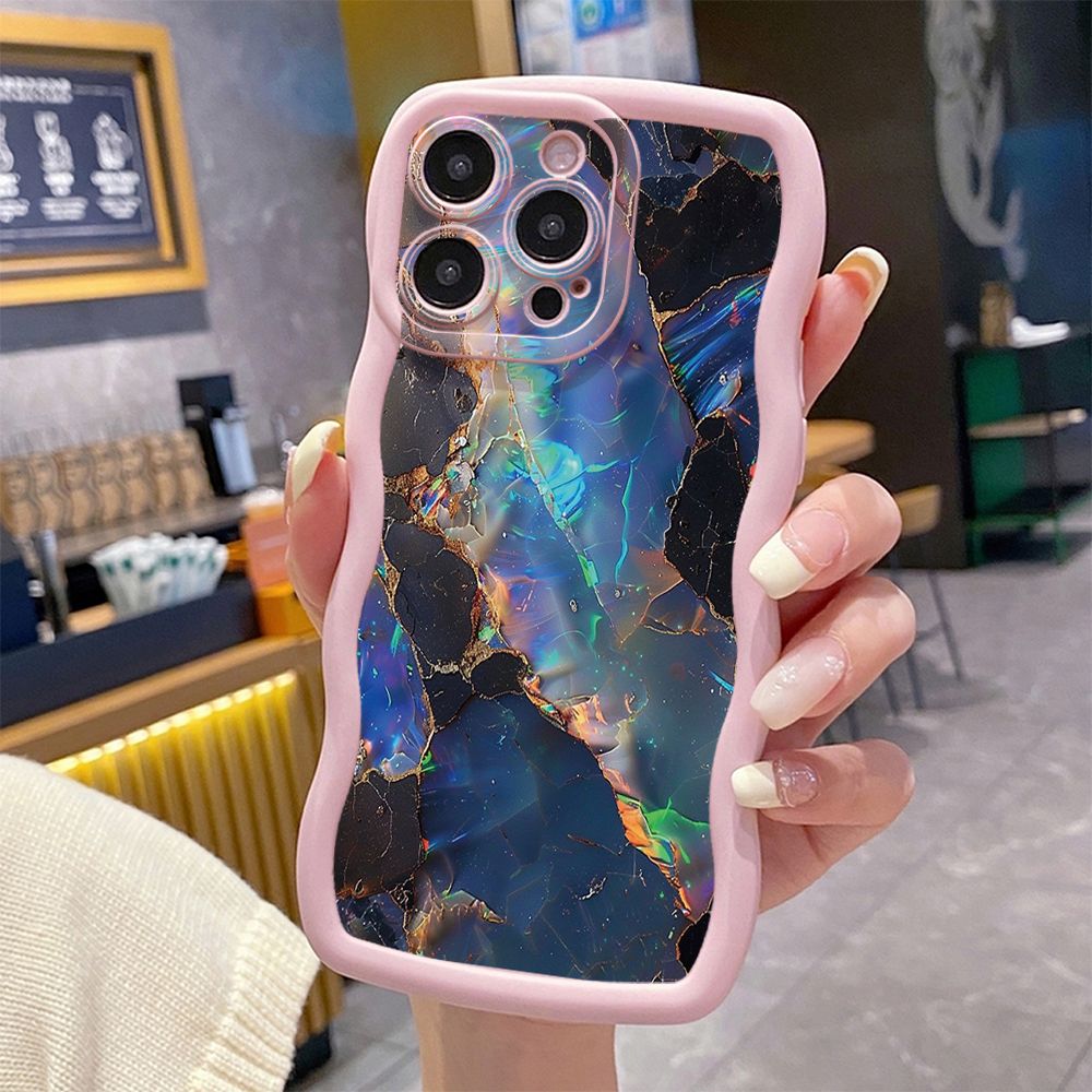 For iPhone 16 Pro Max 15 14 Plus 13 12 11 Pro Max Blue Pink Marbling Wave Frame Phone Case Anti Drop Cover