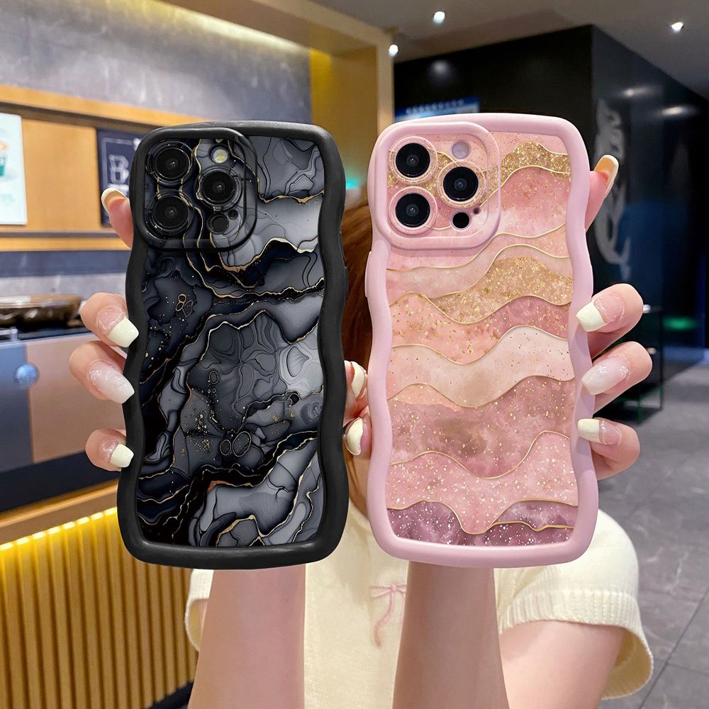 For iPhone 16 Pro Max 15 14 Plus 13 12 11 Pro Max Black Pink Marbling Wave Frame Phone Case Anti Drop Cover