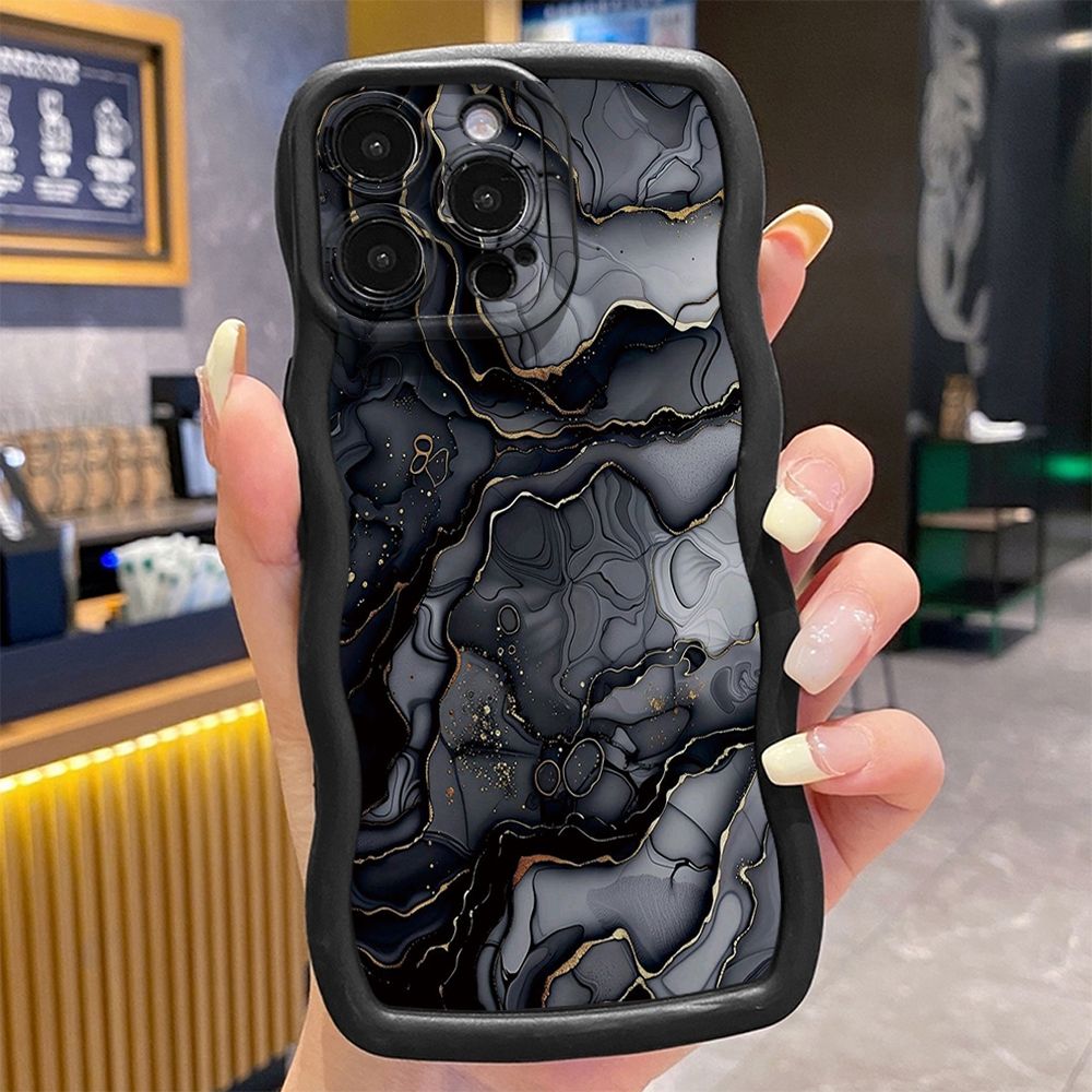 For iPhone 16 Pro Max 15 14 Plus 13 12 11 Pro Max Black Pink Marbling Wave Frame Phone Case Anti Drop Cover