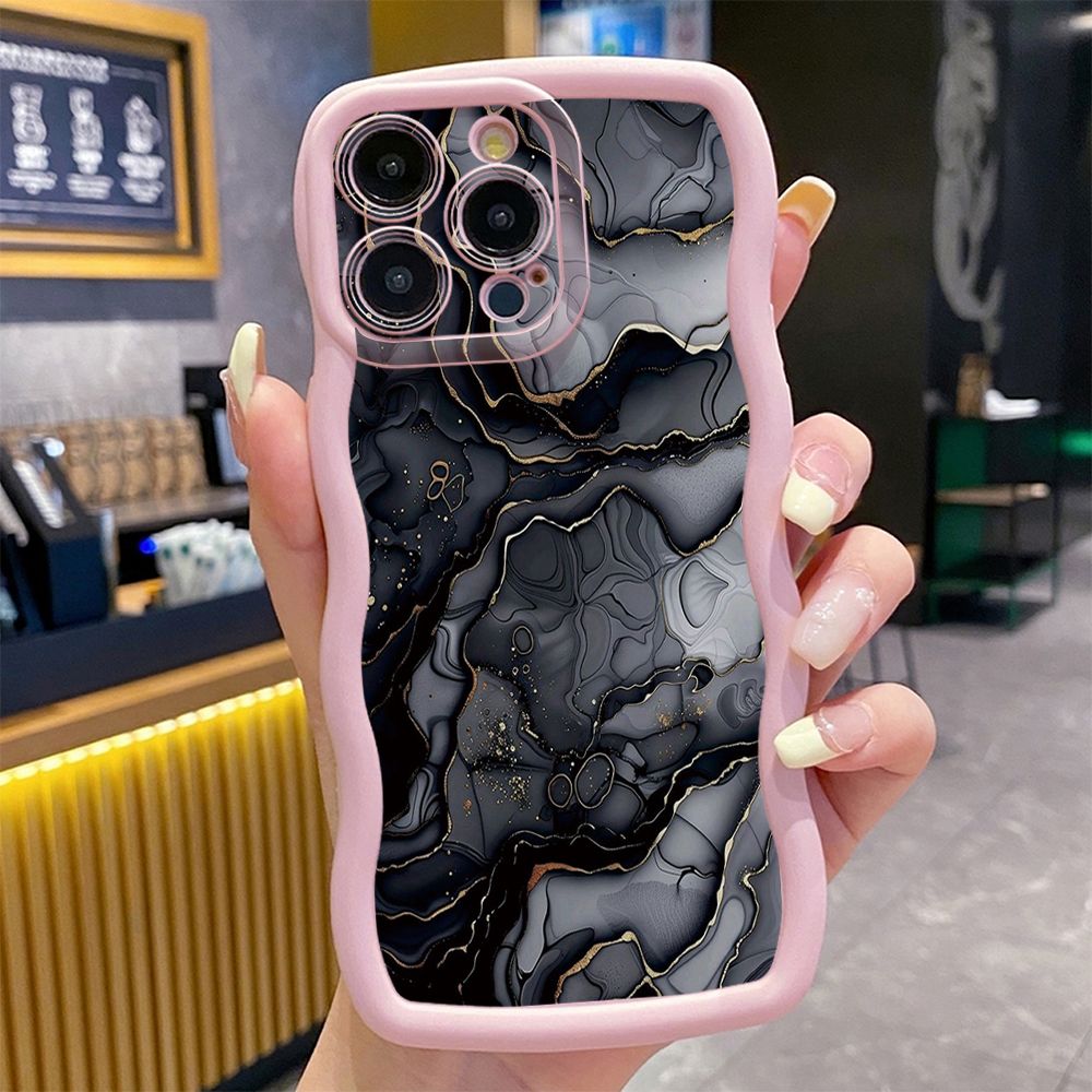 For iPhone 16 Pro Max 15 14 Plus 13 12 11 Pro Max Black Pink Marbling Wave Frame Phone Case Anti Drop Cover
