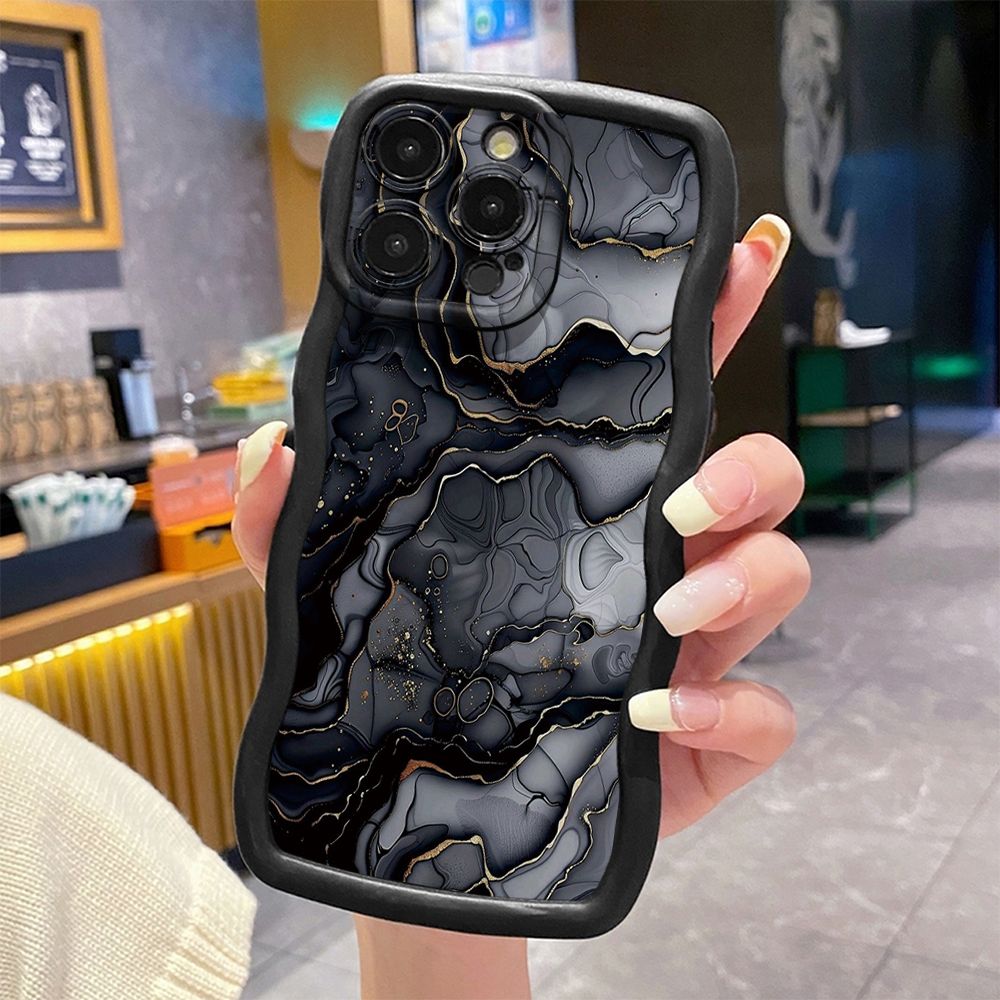 For iPhone 16 Pro Max 15 14 Plus 13 12 11 Pro Max Black Pink Marbling Wave Frame Phone Case Anti Drop Cover