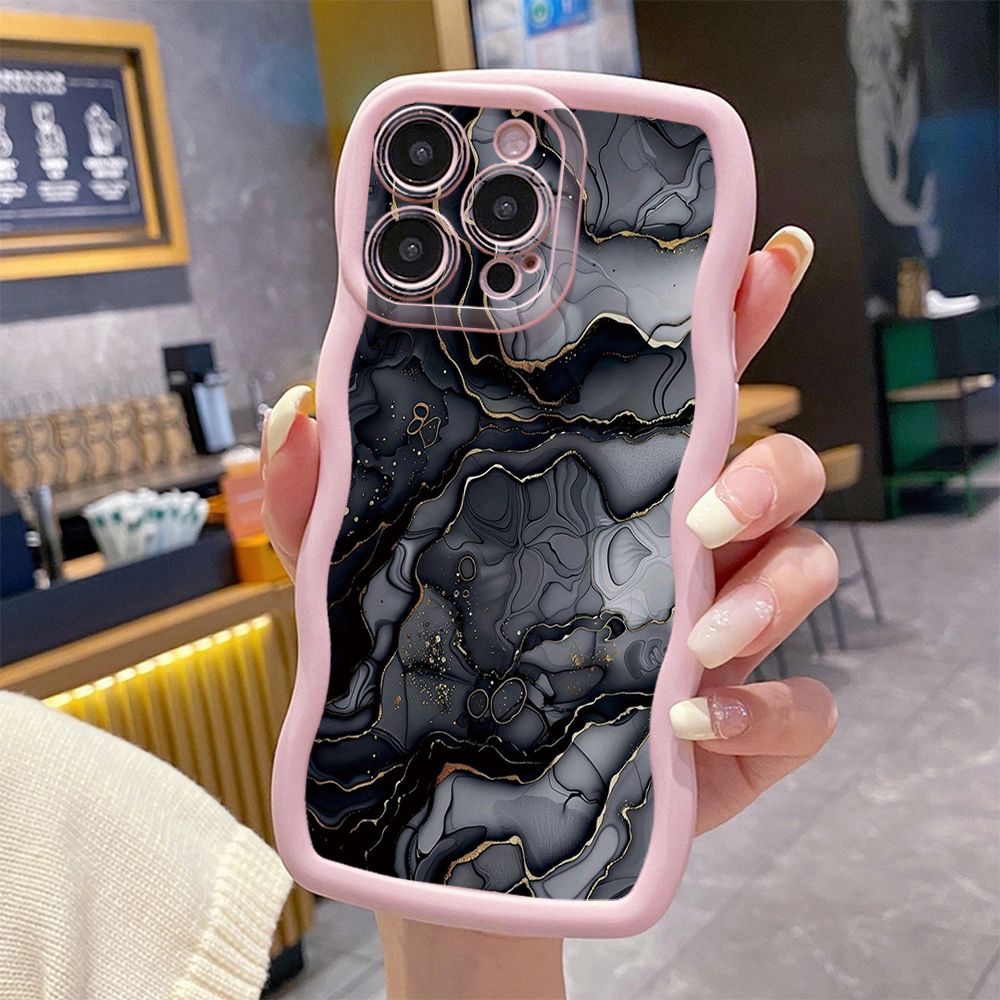 For iPhone 16 Pro Max 15 14 Plus 13 12 11 Pro Max Black Pink Marbling Wave Frame Phone Case Anti Drop Cover