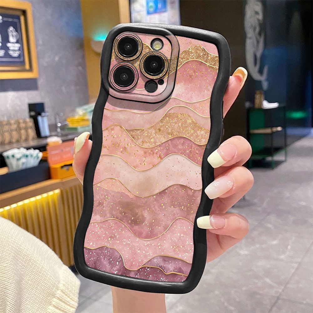 For iPhone 16 Pro Max 15 14 Plus 13 12 11 Pro Max Black Pink Marbling Wave Frame Phone Case Anti Drop Cover