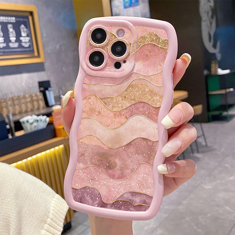 For iPhone 16 Pro Max 15 14 Plus 13 12 11 Pro Max Black Pink Marbling Wave Frame Phone Case Anti Drop Cover