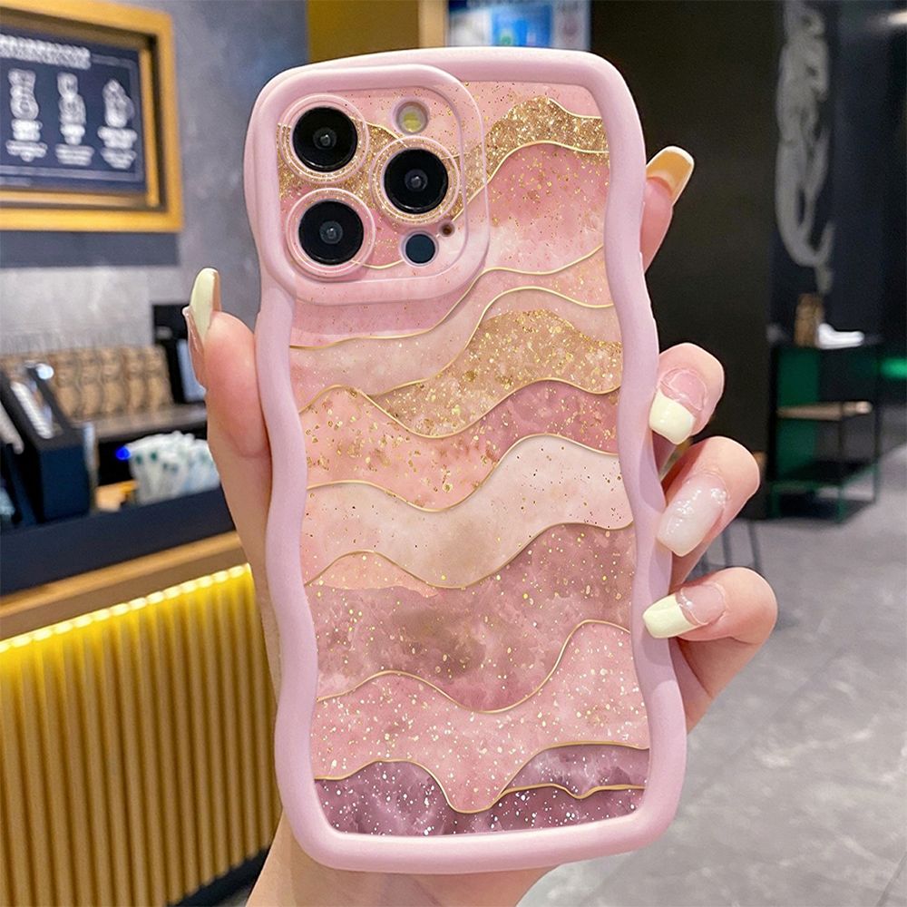 For iPhone 16 Pro Max 15 14 Plus 13 12 11 Pro Max Black Pink Marbling Wave Frame Phone Case Anti Drop Cover