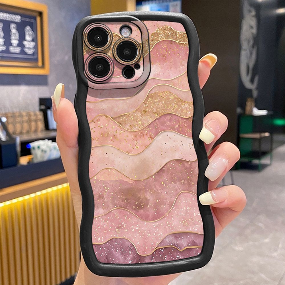 For iPhone 16 Pro Max 15 14 Plus 13 12 11 Pro Max Black Pink Marbling Wave Frame Phone Case Anti Drop Cover