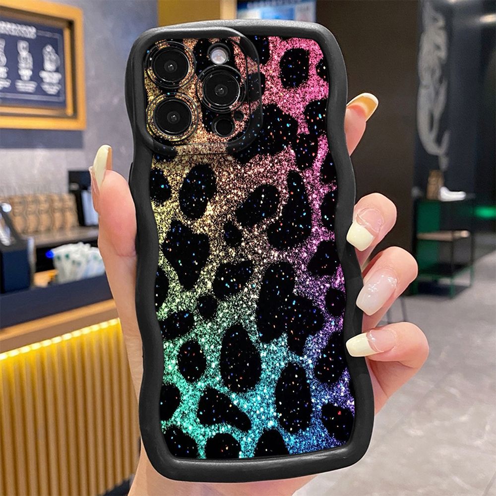 For iPhone 16 Pro Max 15 14 Plus 13 12 11 Pro Max Colorful Leopard Print Wave Frame Phone Case Anti Drop Cover