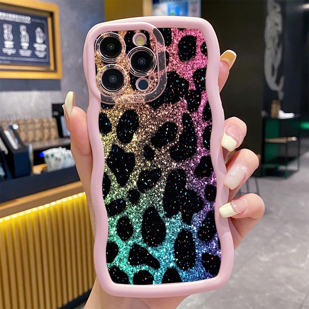 For iPhone 16 Pro Max 15 14 Plus 13 12 11 Pro Max Colorful Leopard Print Wave Frame Phone Case Anti Drop Cover