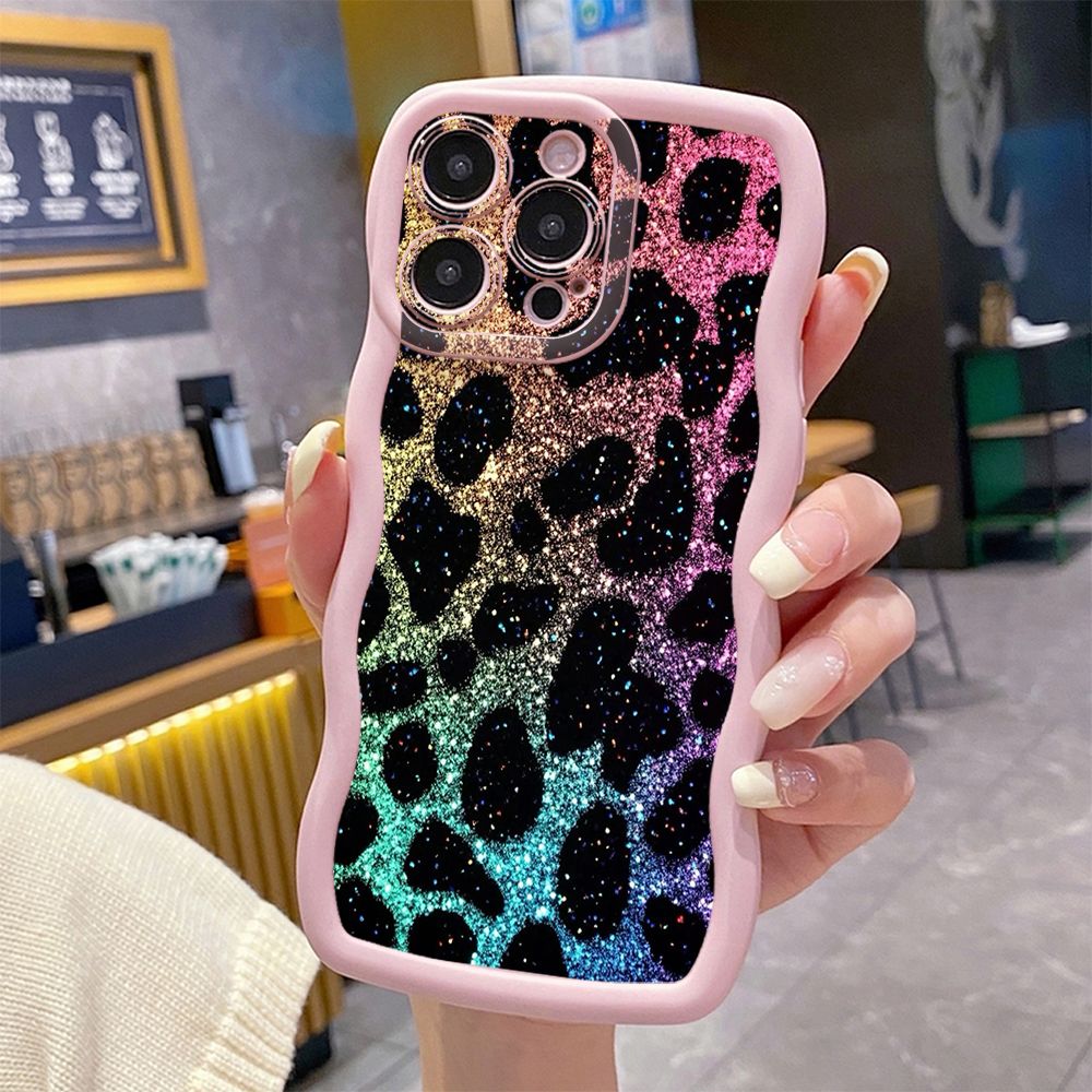 For iPhone 16 Pro Max 15 14 Plus 13 12 11 Pro Max Colorful Leopard Print Wave Frame Phone Case Anti Drop Cover