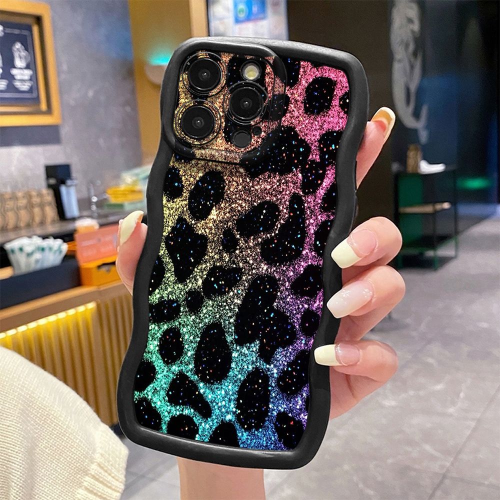 For iPhone 16 Pro Max 15 14 Plus 13 12 11 Pro Max Colorful Leopard Print Wave Frame Phone Case Anti Drop Cover