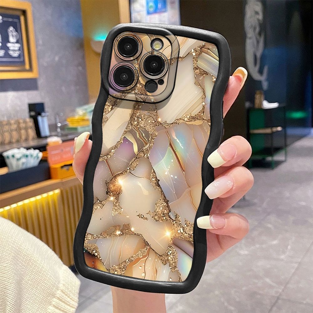 For iPhone 16 Pro Max 15 14 Plus 13 12 11 Pro Max Luxury Marble Wave Frame Phone Case Anti Drop Cover