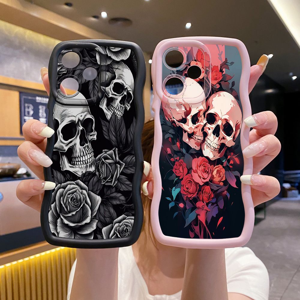 For OPPO Realme C67 C53 C51 Note 50 C21Y C25Y C33 C30 C35 9i Rose Skull Wave Frame Phone Case Anti Drop Cover