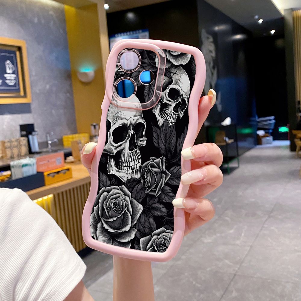 For OPPO Realme C67 C53 C51 Note 50 C21Y C25Y C33 C30 C35 9i Rose Skull Wave Frame Phone Case Anti Drop Cover