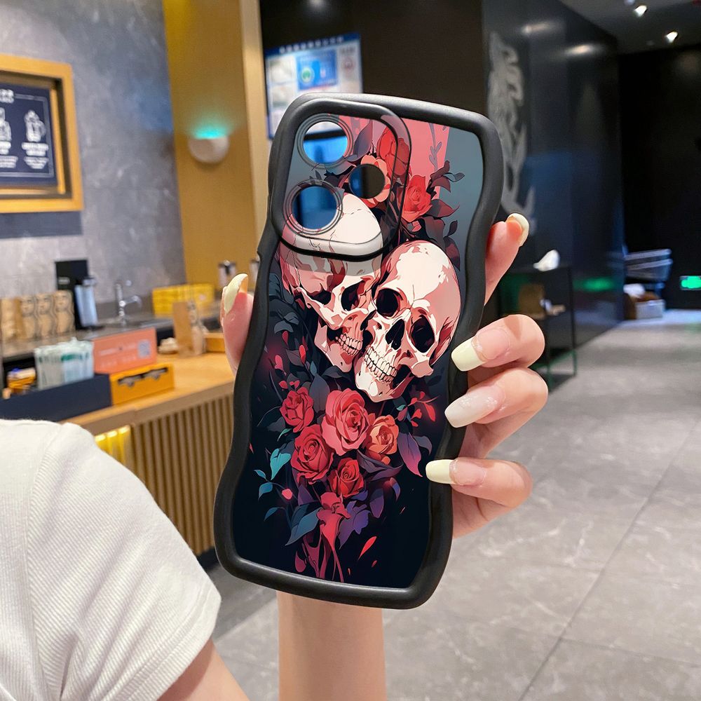 For OPPO Realme C67 C53 C51 Note 50 C21Y C25Y C33 C30 C35 9i Rose Skull Wave Frame Phone Case Anti Drop Cover