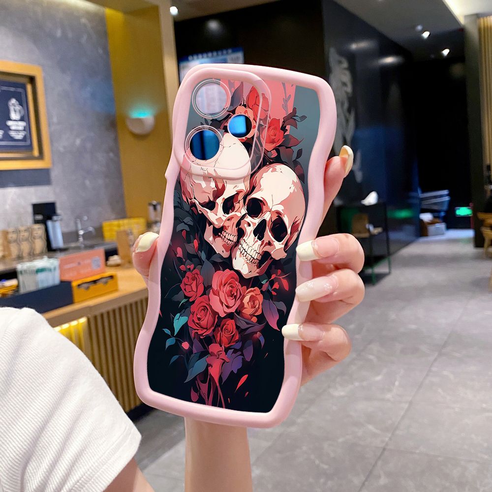 For OPPO Realme C67 C53 C51 Note 50 C21Y C25Y C33 C30 C35 9i Rose Skull Wave Frame Phone Case Anti Drop Cover