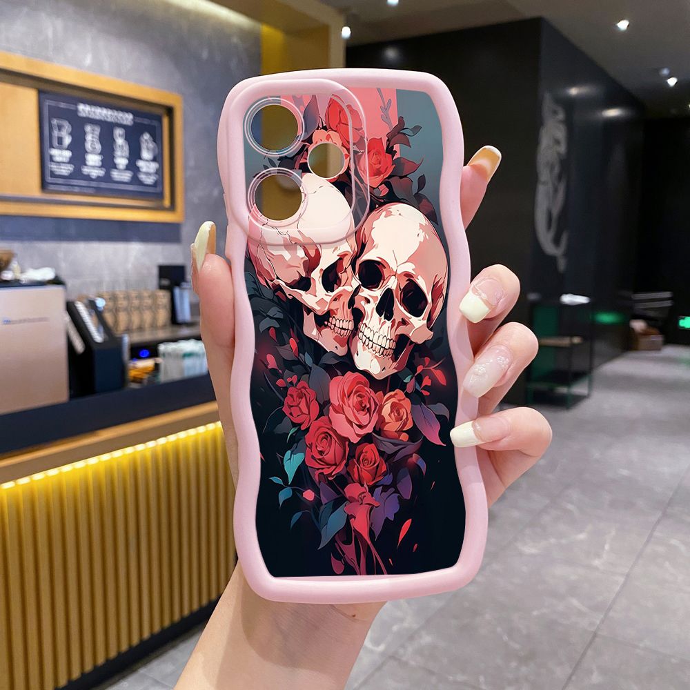For OPPO Realme C67 C53 C51 Note 50 C21Y C25Y C33 C30 C35 9i Rose Skull Wave Frame Phone Case Anti Drop Cover