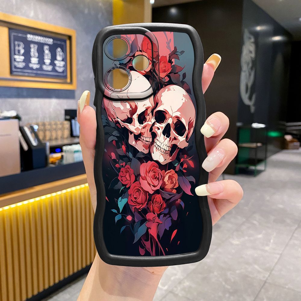 For OPPO Realme C67 C53 C51 Note 50 C21Y C25Y C33 C30 C35 9i Rose Skull Wave Frame Phone Case Anti Drop Cover