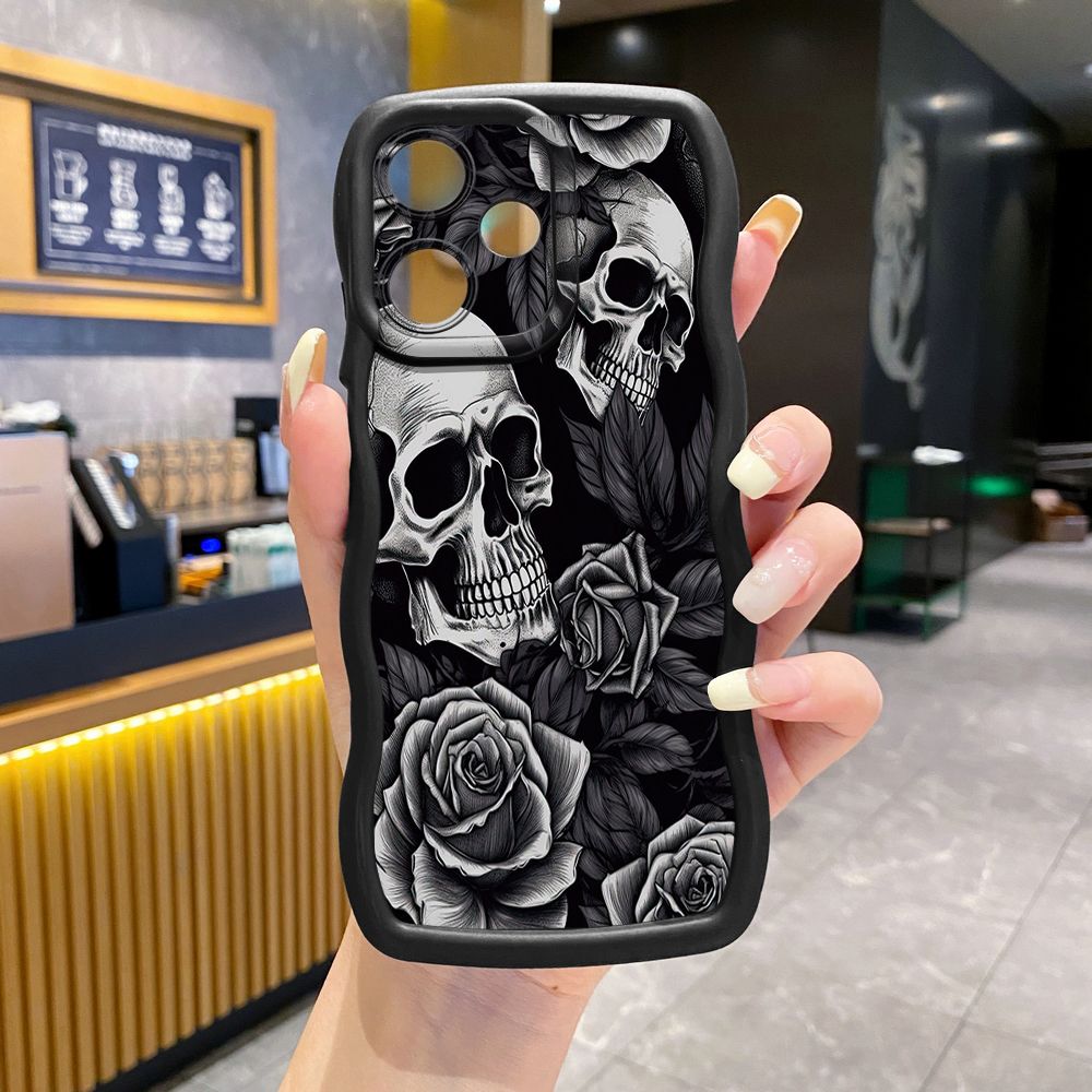 For OPPO Realme C67 C53 C51 Note 50 C21Y C25Y C33 C30 C35 9i Rose Skull Wave Frame Phone Case Anti Drop Cover