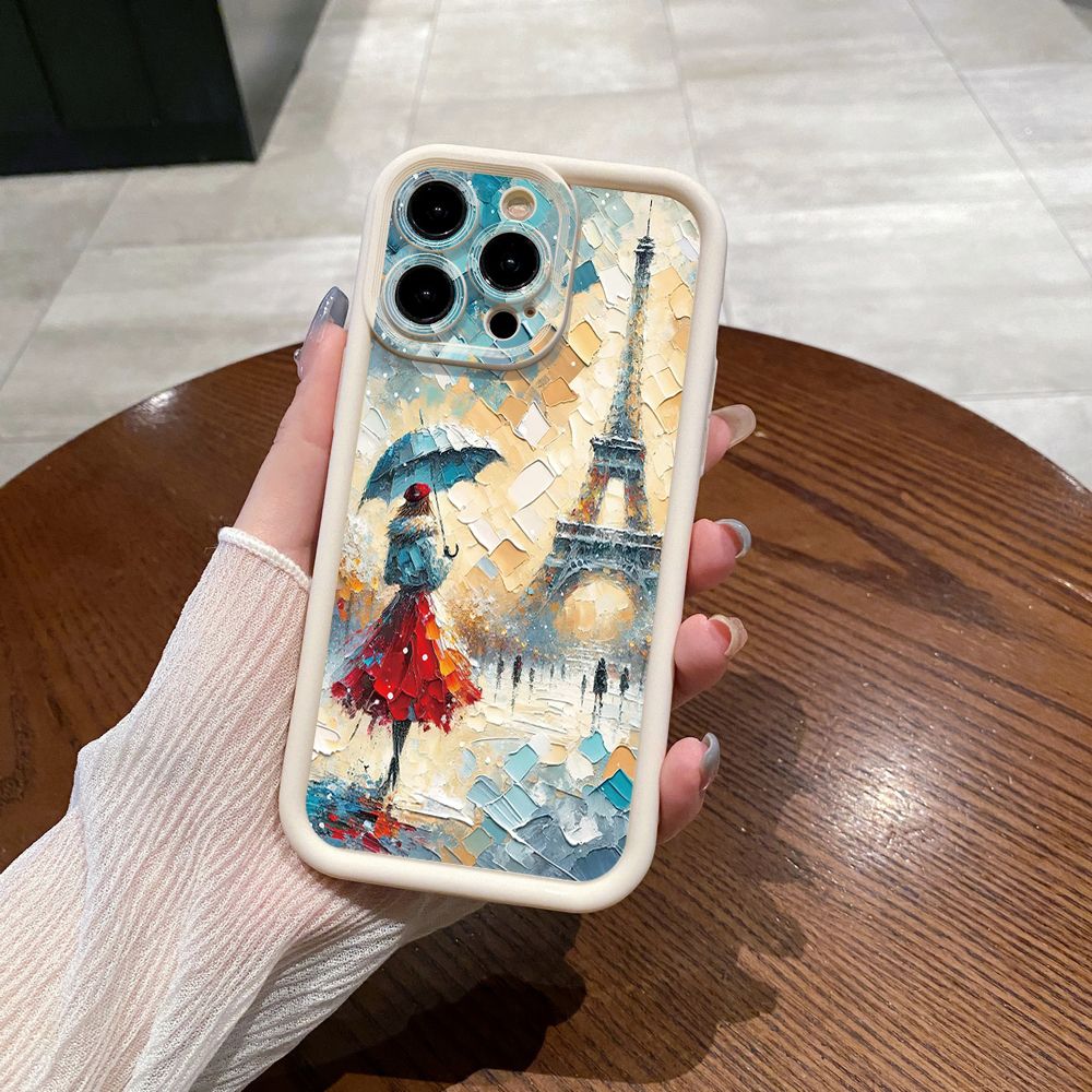 for iPhone 15 Pro Max 14 Plus 13 12 11 XR 8 7 SE 2022 XS Girl Eiffel Tower Full Protective Phone Case Anti Drop Cover