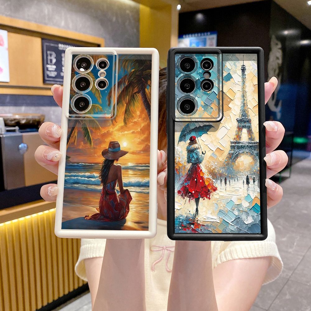 for Samsung Galaxy S24 S23 Ultra S22 Plus S21 FE S20 Girl Eiffel Tower Full Protective Phone Case Anti Drop Cover