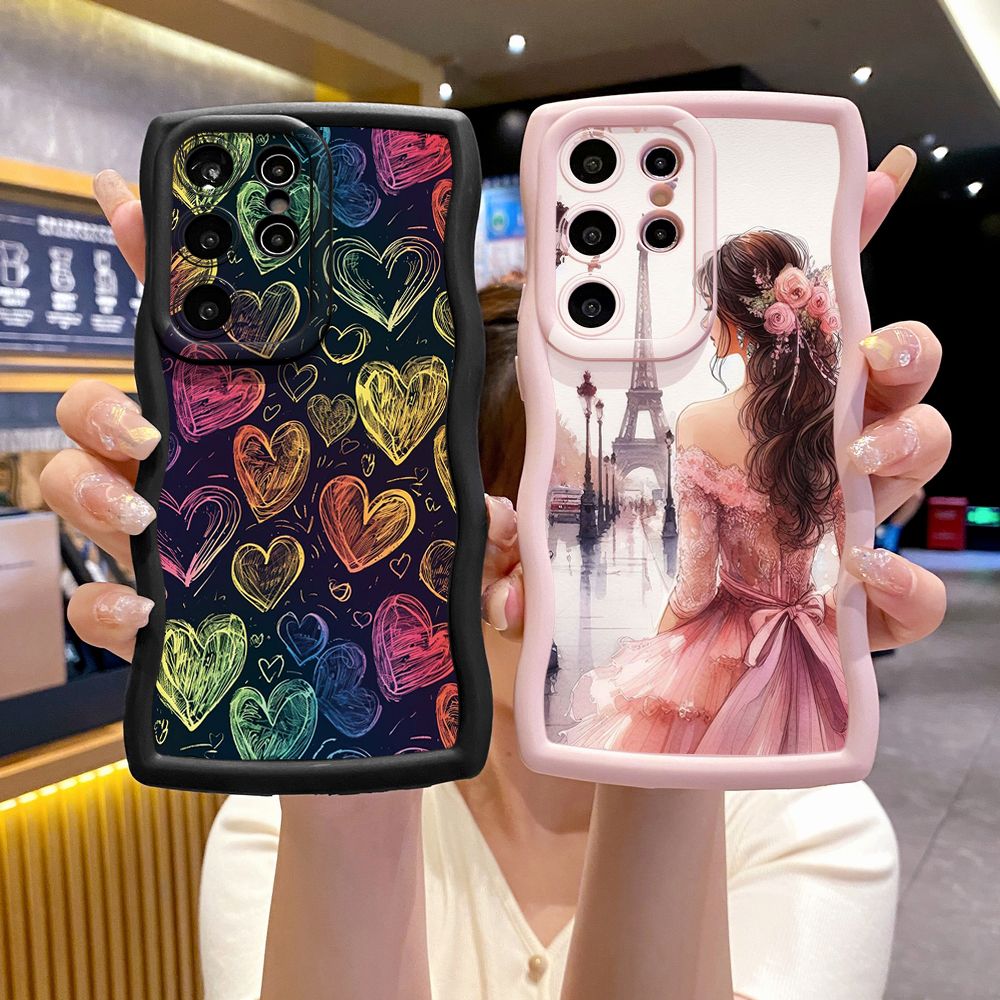 For Samsung Galaxy S24 S23 Ultra S22 Plus S21 FE S20 Heart Girl Wave Frame Phone Case Anti Drop Cover