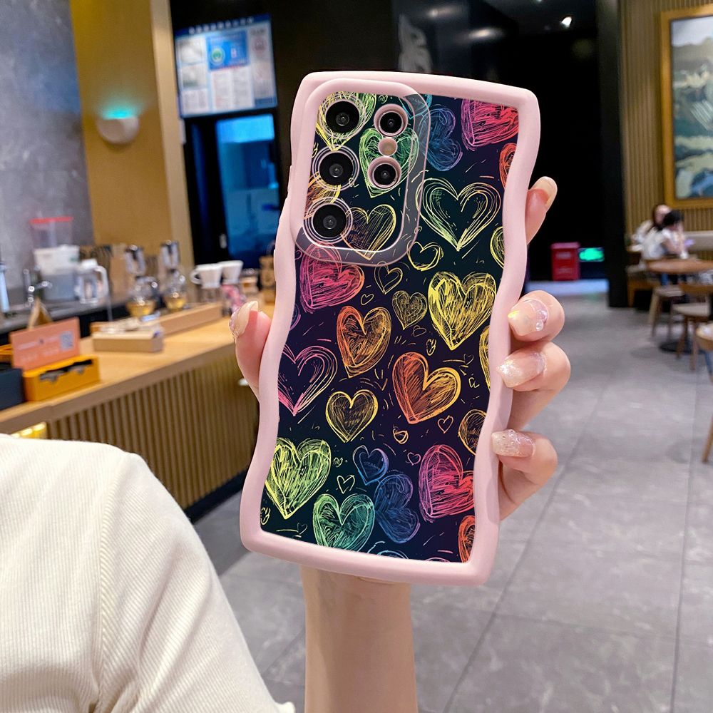 For Samsung Galaxy S24 S23 Ultra S22 Plus S21 FE S20 Heart Girl Wave Frame Phone Case Anti Drop Cover