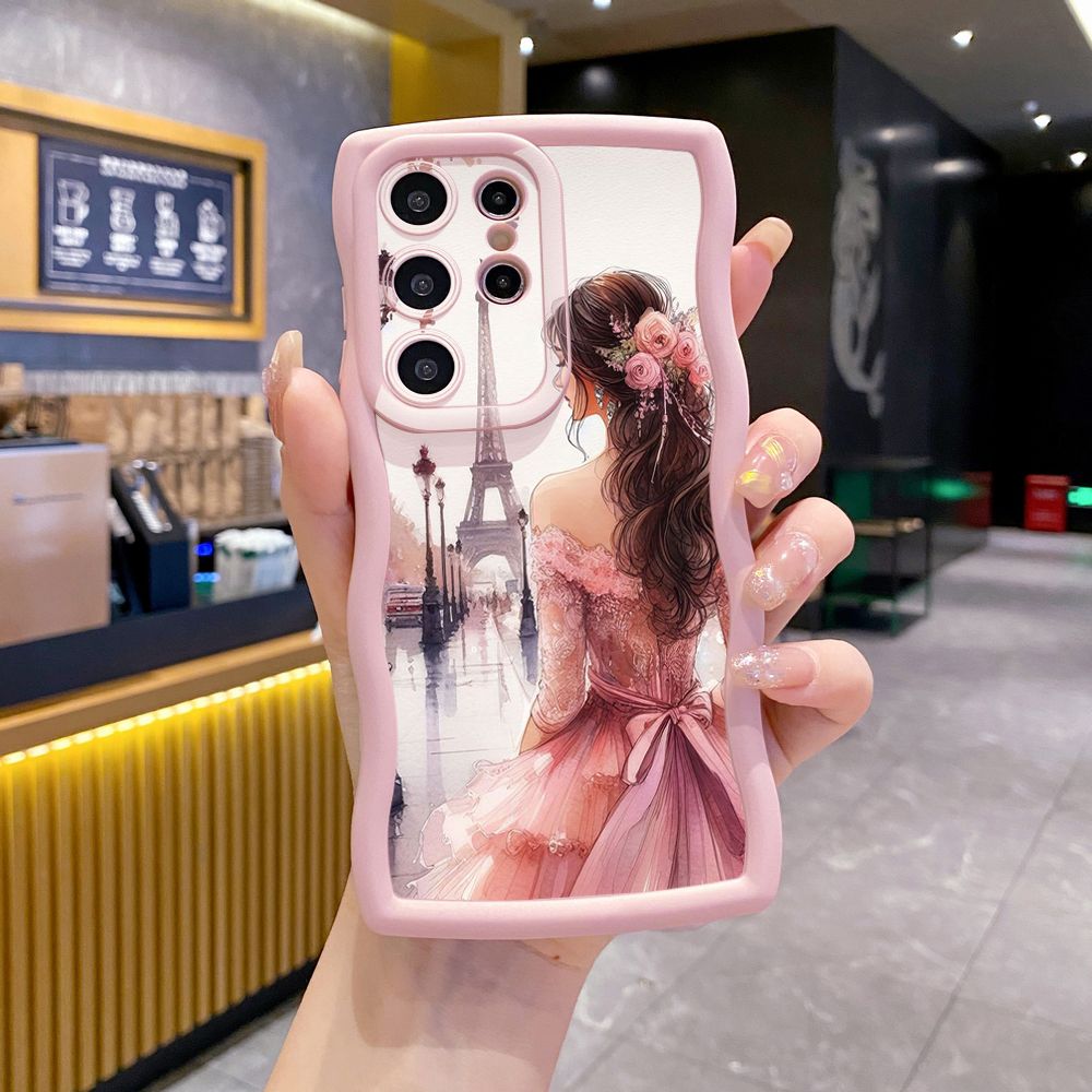For Samsung Galaxy S24 S23 Ultra S22 Plus S21 FE S20 Heart Girl Wave Frame Phone Case Anti Drop Cover