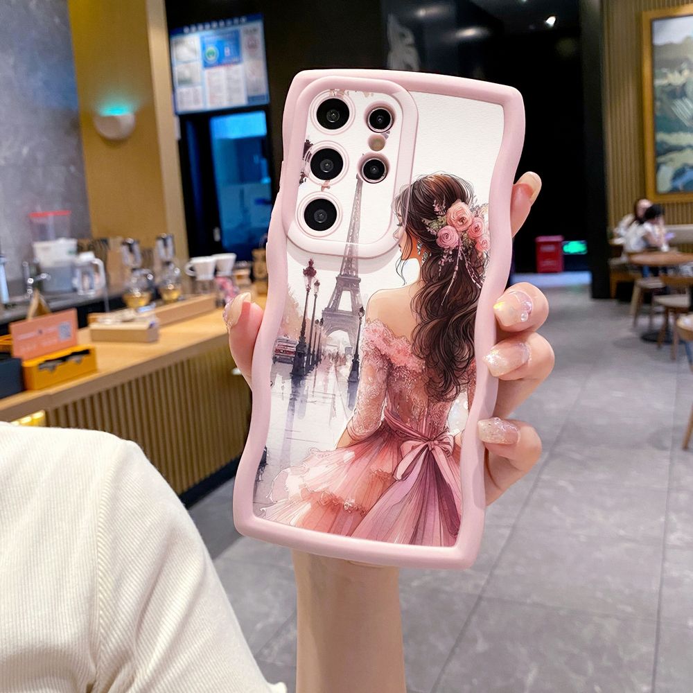 For Samsung Galaxy S24 S23 Ultra S22 Plus S21 FE S20 Heart Girl Wave Frame Phone Case Anti Drop Cover