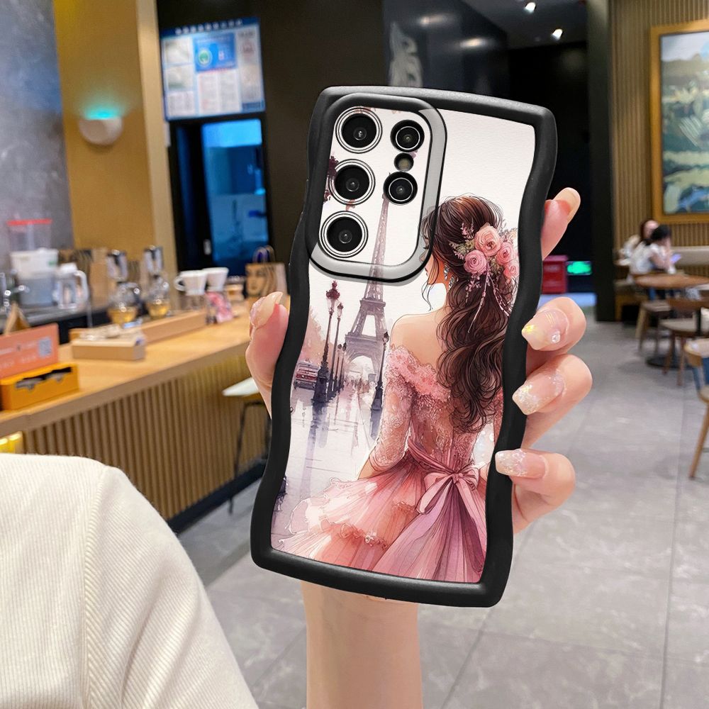 For Samsung Galaxy S24 S23 Ultra S22 Plus S21 FE S20 Heart Girl Wave Frame Phone Case Anti Drop Cover