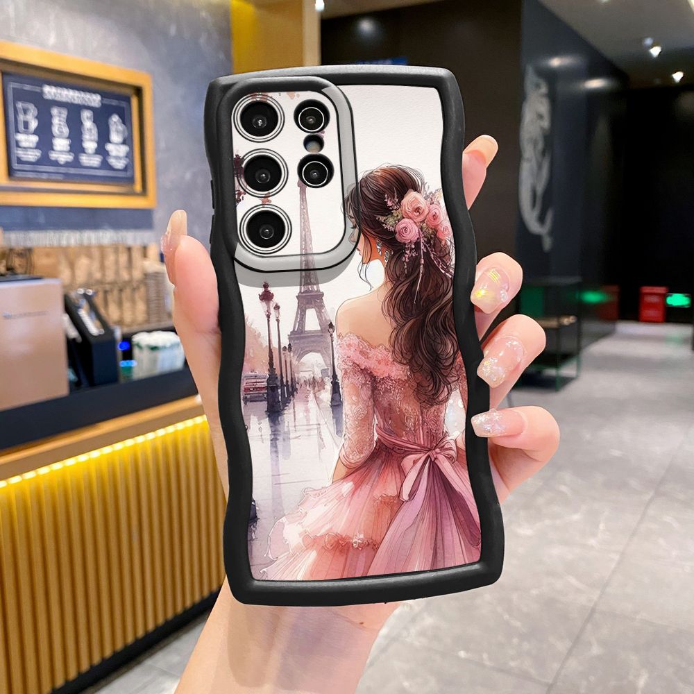 For Samsung Galaxy S24 S23 Ultra S22 Plus S21 FE S20 Heart Girl Wave Frame Phone Case Anti Drop Cover