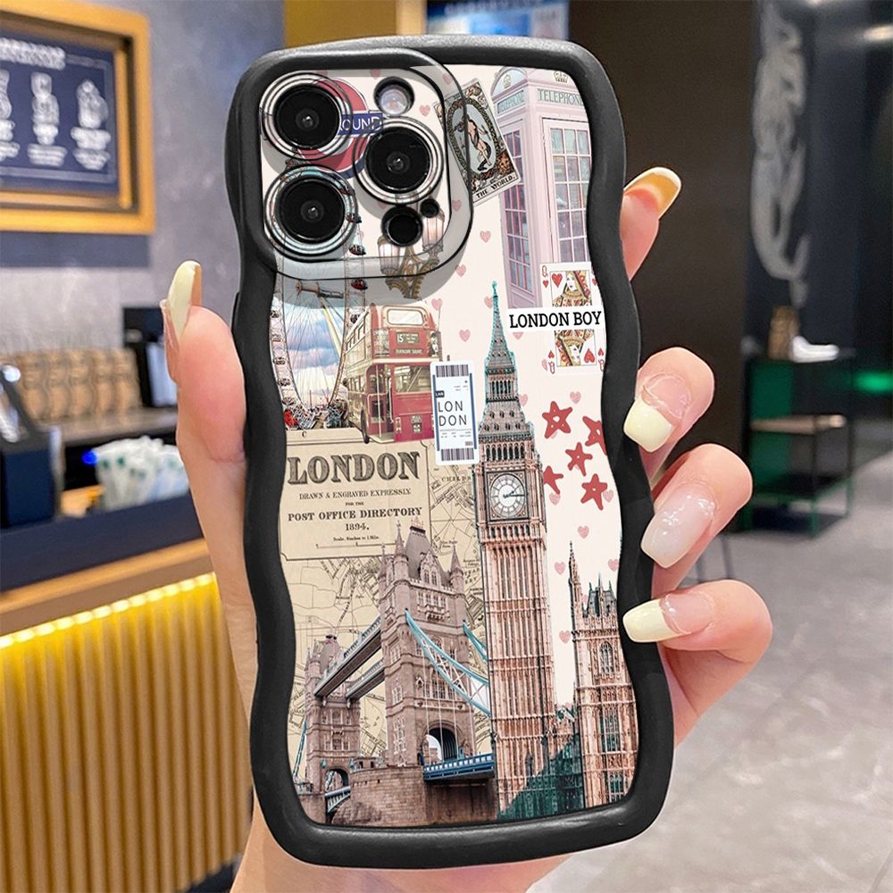 For iPhone 16 Pro Max 15 14 Plus 13 12 11 Pro Max Lodon Flag Wave Frame Phone Case Anti Drop Cover