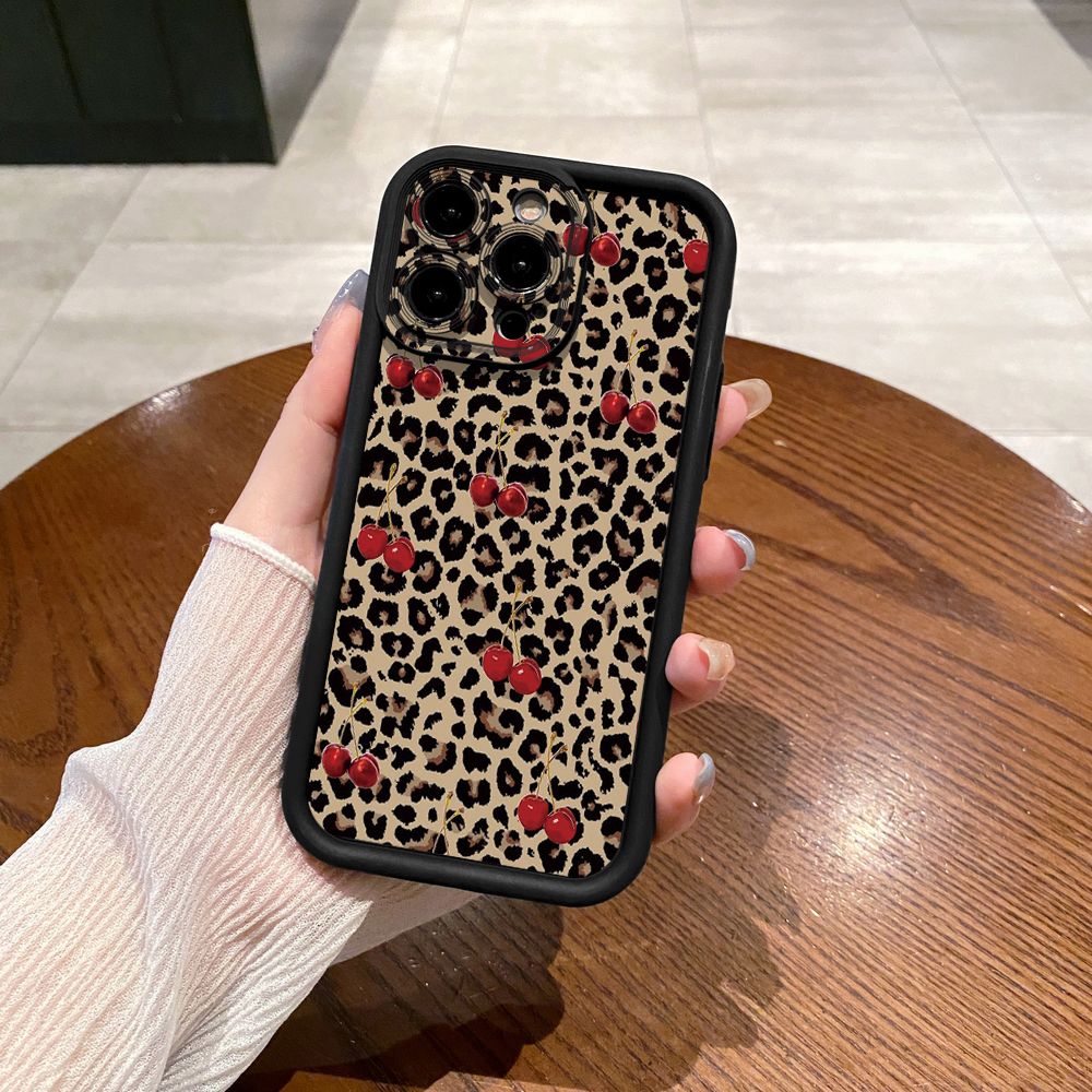 for iPhone 15 Pro Max 14 Plus 13 12 11 XR 8 7 SE 2022 XS Leopard Lip Cherry Full Protective Phone Case Anti Drop Cover